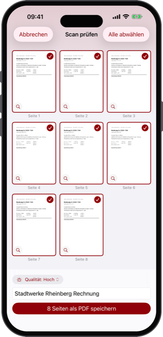 Scan-Prüfung: die App schlägt einen passenden Dateinamen vor