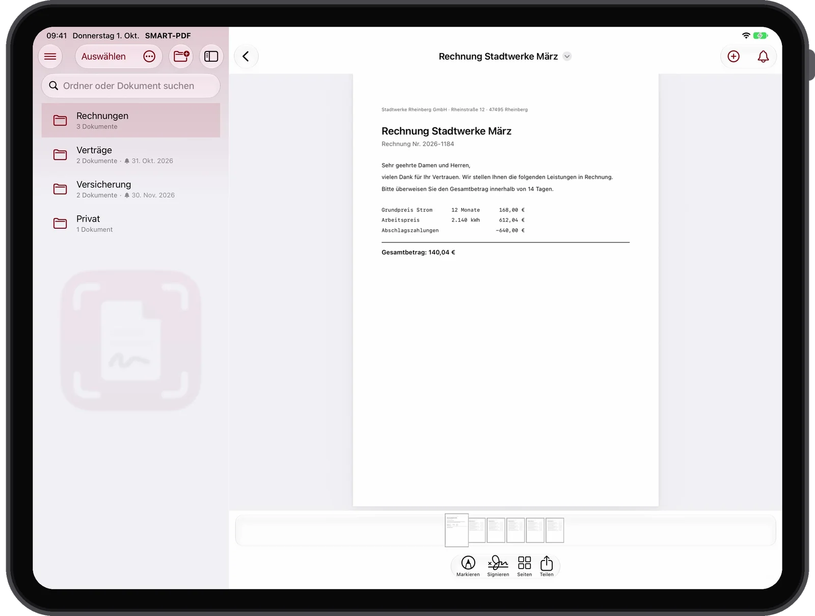 SMART-PDF auf dem iPad: Ordner links, daneben eine geöffnete Rechnung