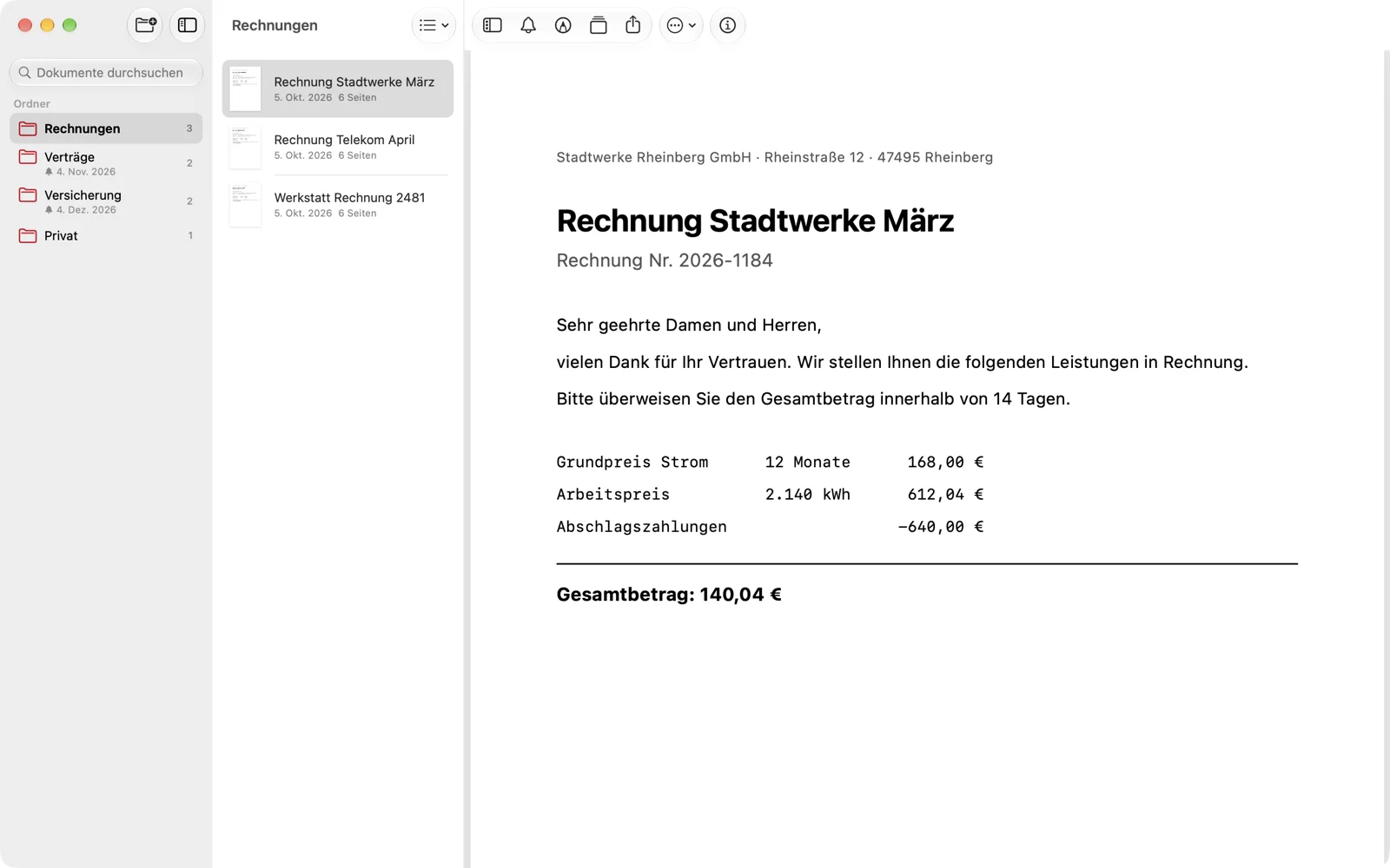 SMART-PDF auf dem Mac: Ordner links, Dokumentliste, daneben eine geöffnete Rechnung
