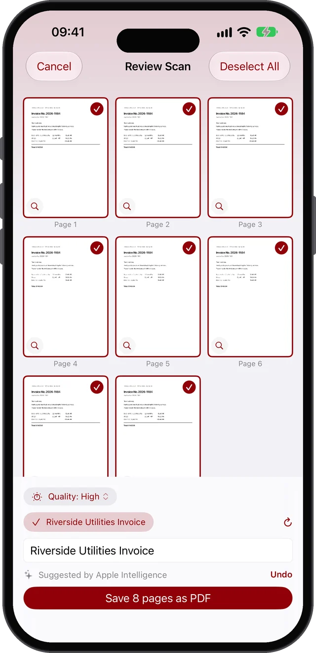 Scan review: the app suggests a fitting file name