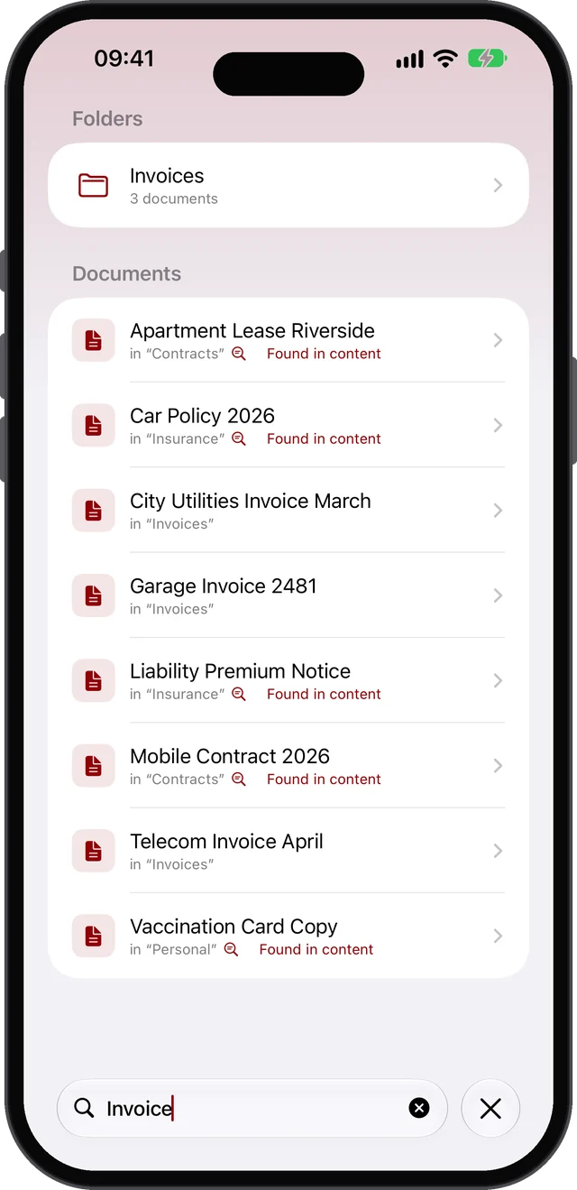 Full-text search across the content of all documents