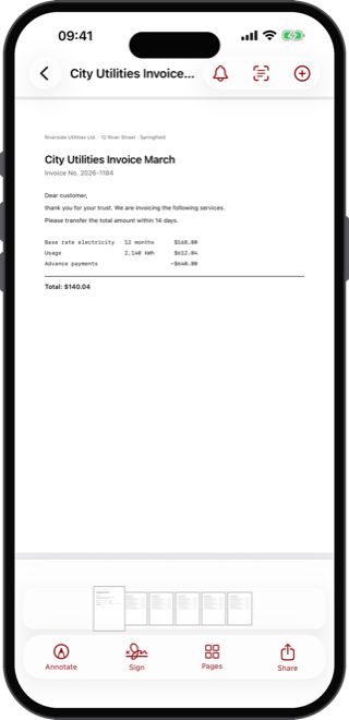 PDF viewer with annotate, sign, share