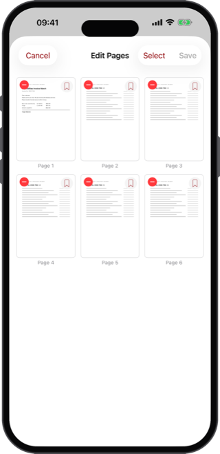Page editor with thumbnails for reordering and deleting