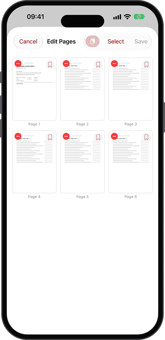 Page editor with thumbnails for reordering and deleting