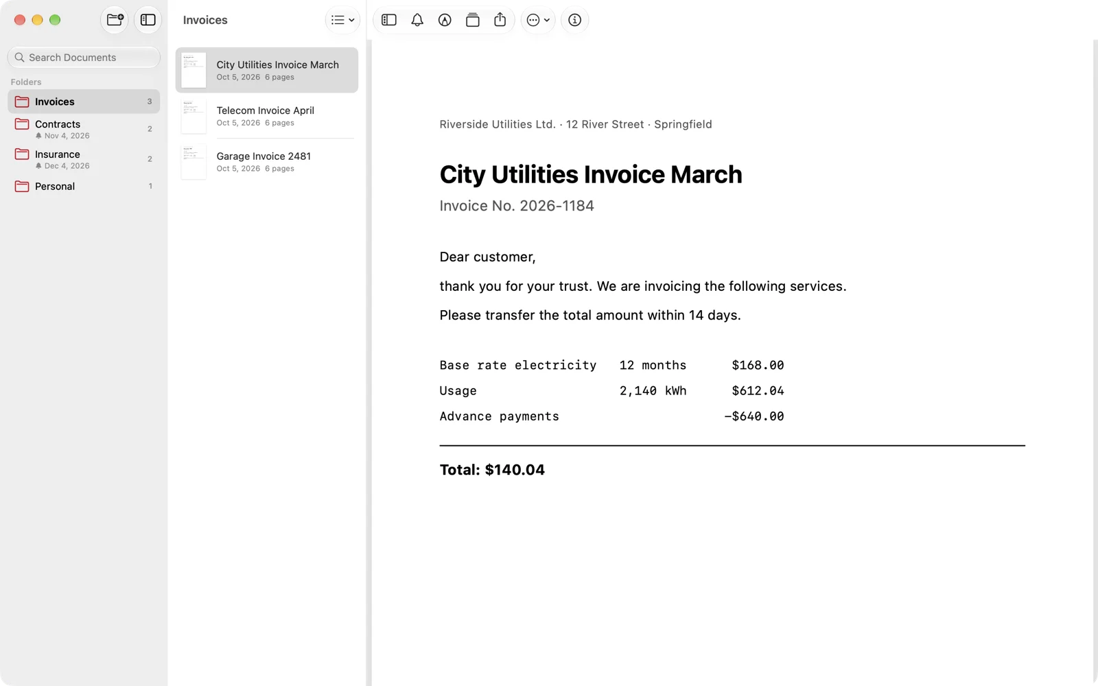 SMART-PDF on Mac: folders on the left, document list, an open invoice beside them